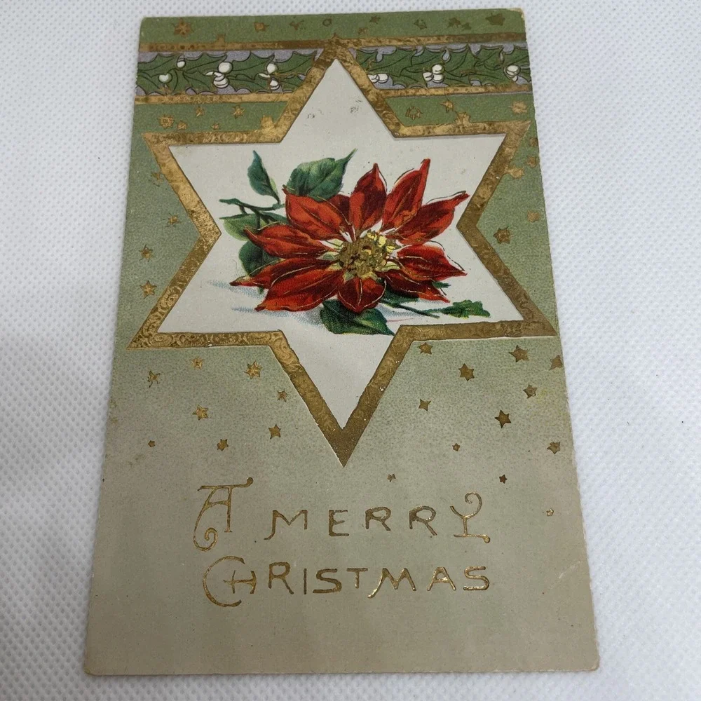 Vintage Christmas Postcard Poinsettia Flower Golden Star Series 7006 Germany